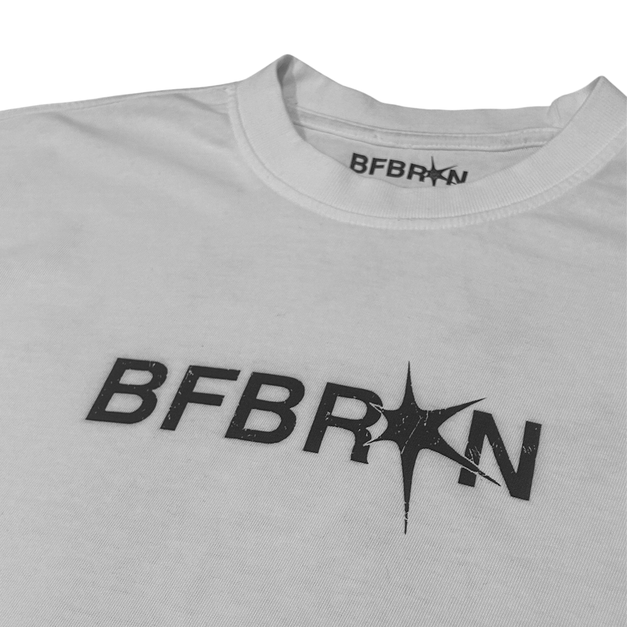 White t-shirt with 'BFBRKN' logo on a white background